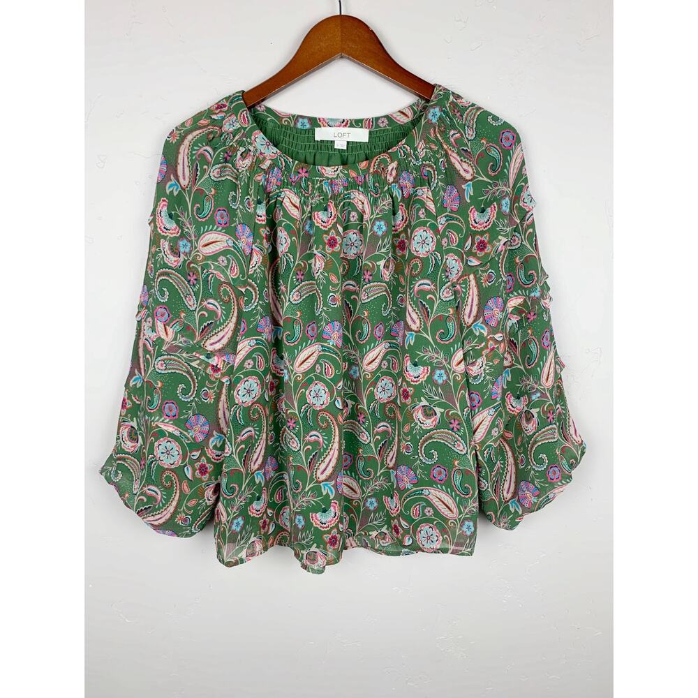 Loft Paisley Print Peasant Blouse Top Green Ruffled Sleeves Women's S